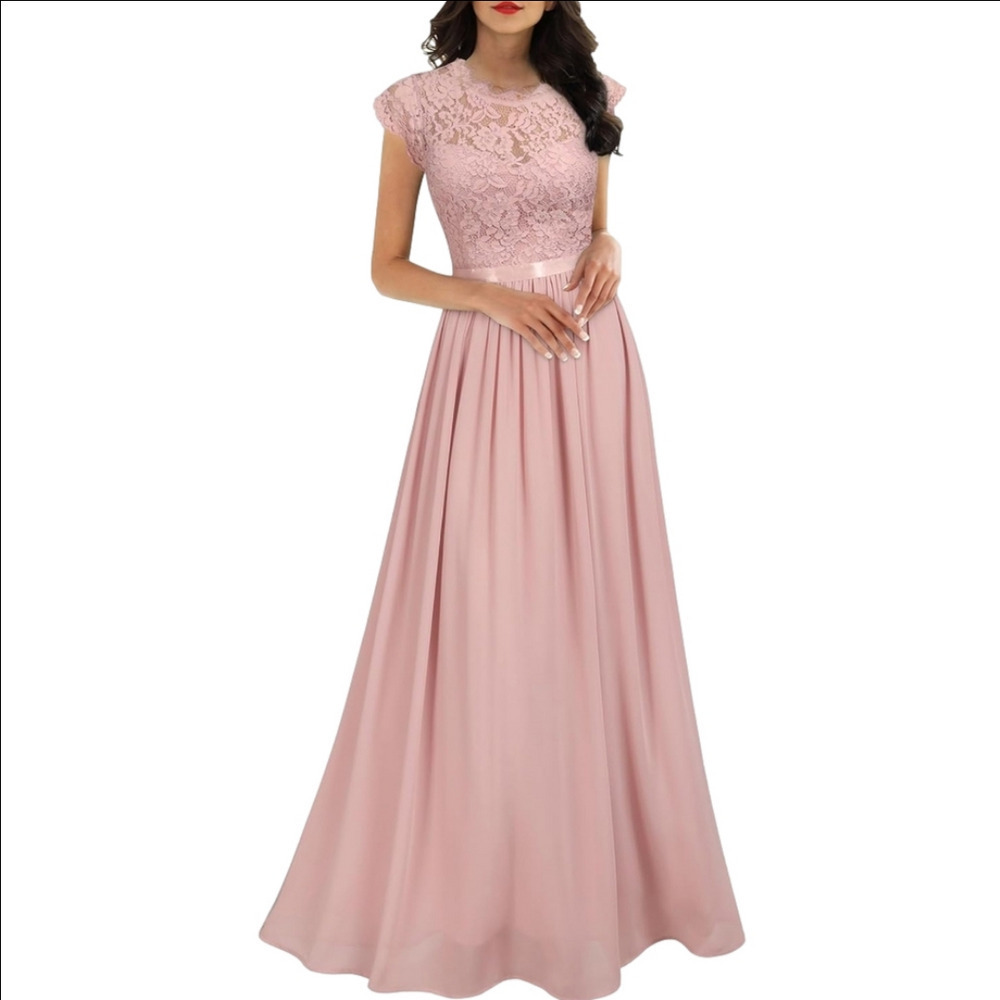 Musol Pink Lace Chiffon Fit And Flare Floor Length Gown Size S - Picture 1 of 16